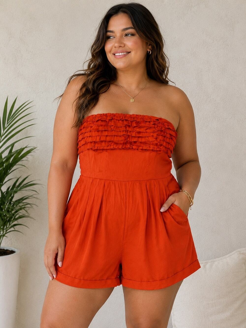 Banana USA Orange Ruffle Strapless Romper Y2K Medium